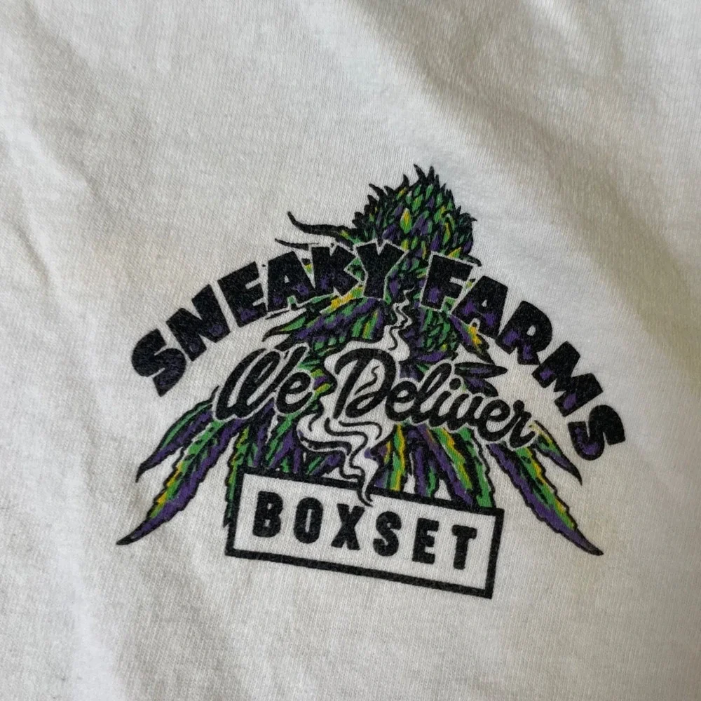 Sneaky Farms We Deliver Boxset White Graphic‎ T-Shirt Novelty Bigfoot Marijuana